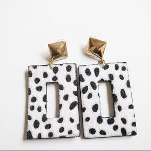White Black Dalmatian Rectangular Drop Earrings